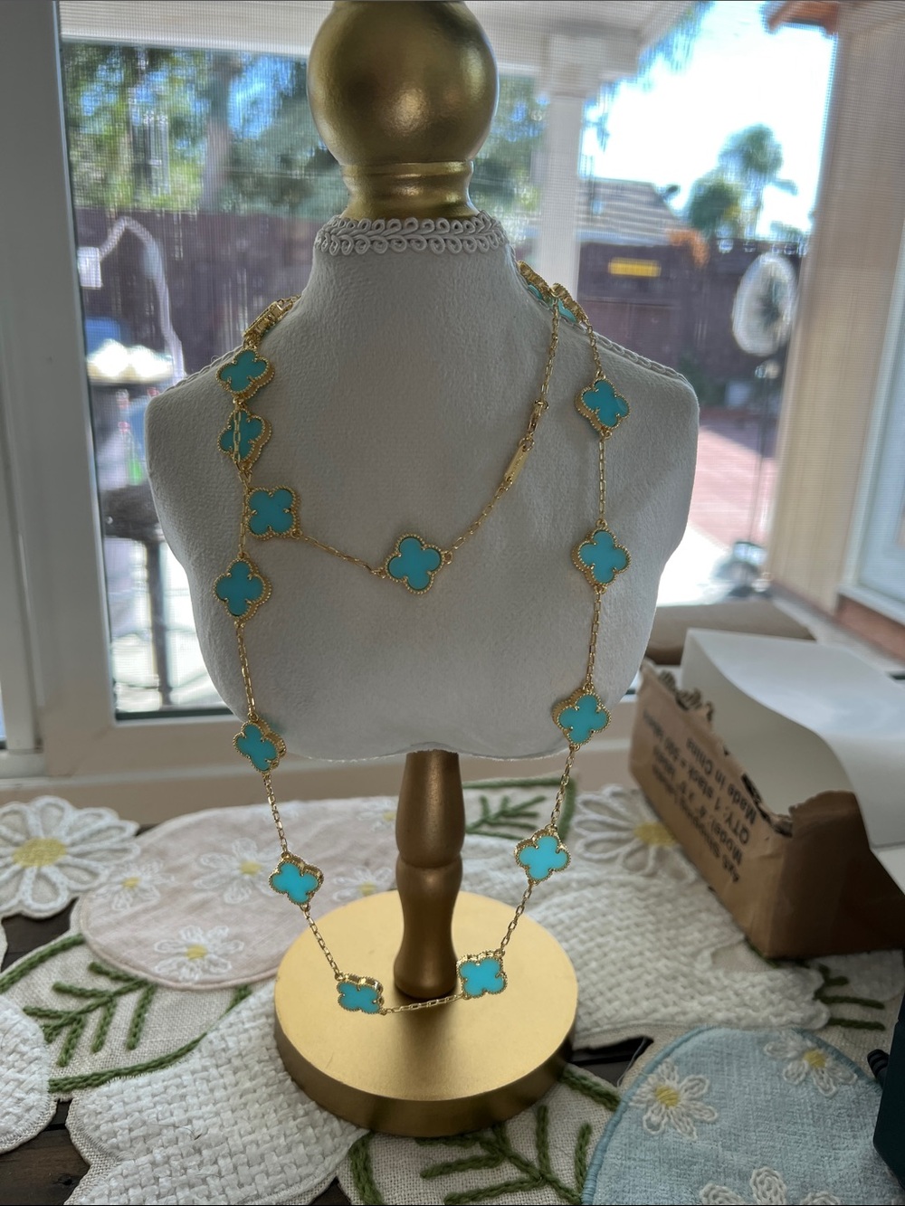 Gold Chain Necklace with Turquoise Clover Motifs